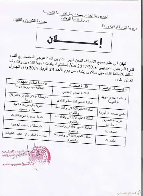 استلام شهادة نهاية التكوين و كشوف النقاط للإساتذة المتكونين