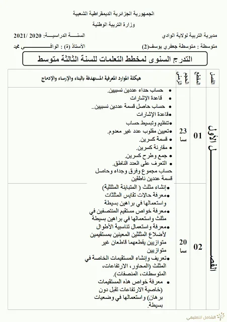 التدرج السنوي لمخطط تعلمات الرياضيات للسنة الرابعة متوسط 2021/2020