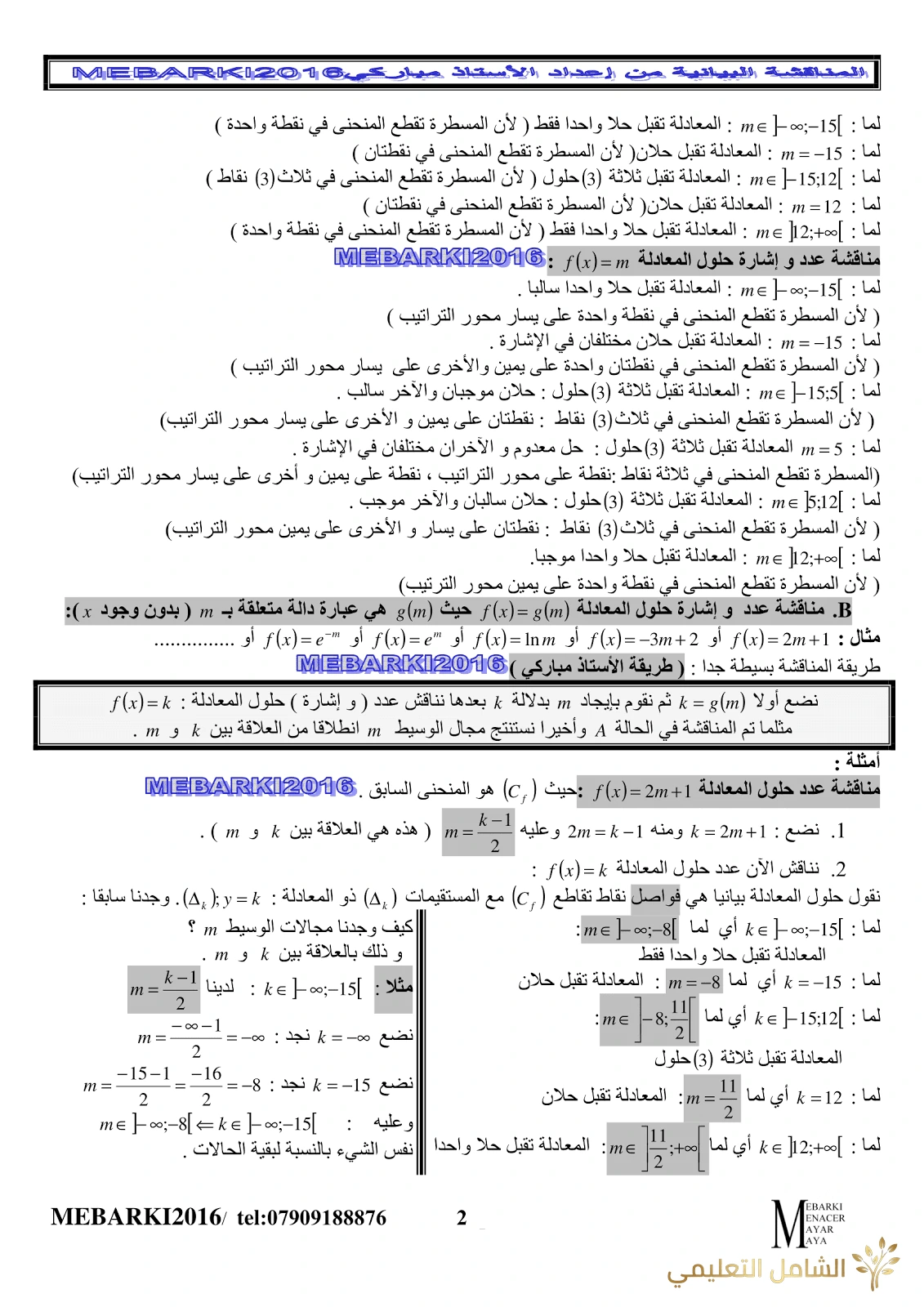 المناقشة البيانية لمستقيم و بيان دالة حسب وسيط m