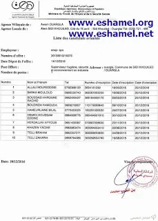 قوائم التوجيه الاولية الخاصة بعرض شركة ENSP-SPA وكالة سيدي خويلد