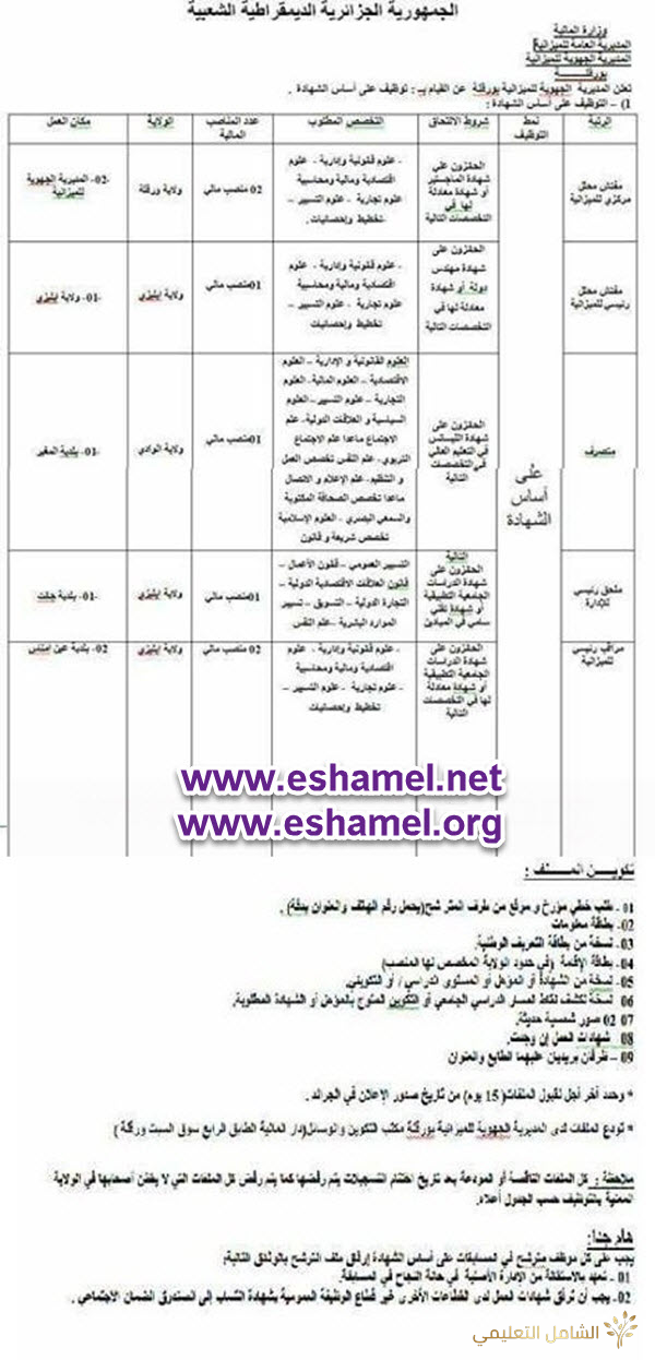 مسابقة توظيف في المديرية الجهوية للميزانية لبعض ولايات الجنوب